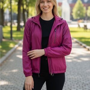 Saks Fifth Avenue Windbreaker Jacket with Hidden Hood and Travel Pouch